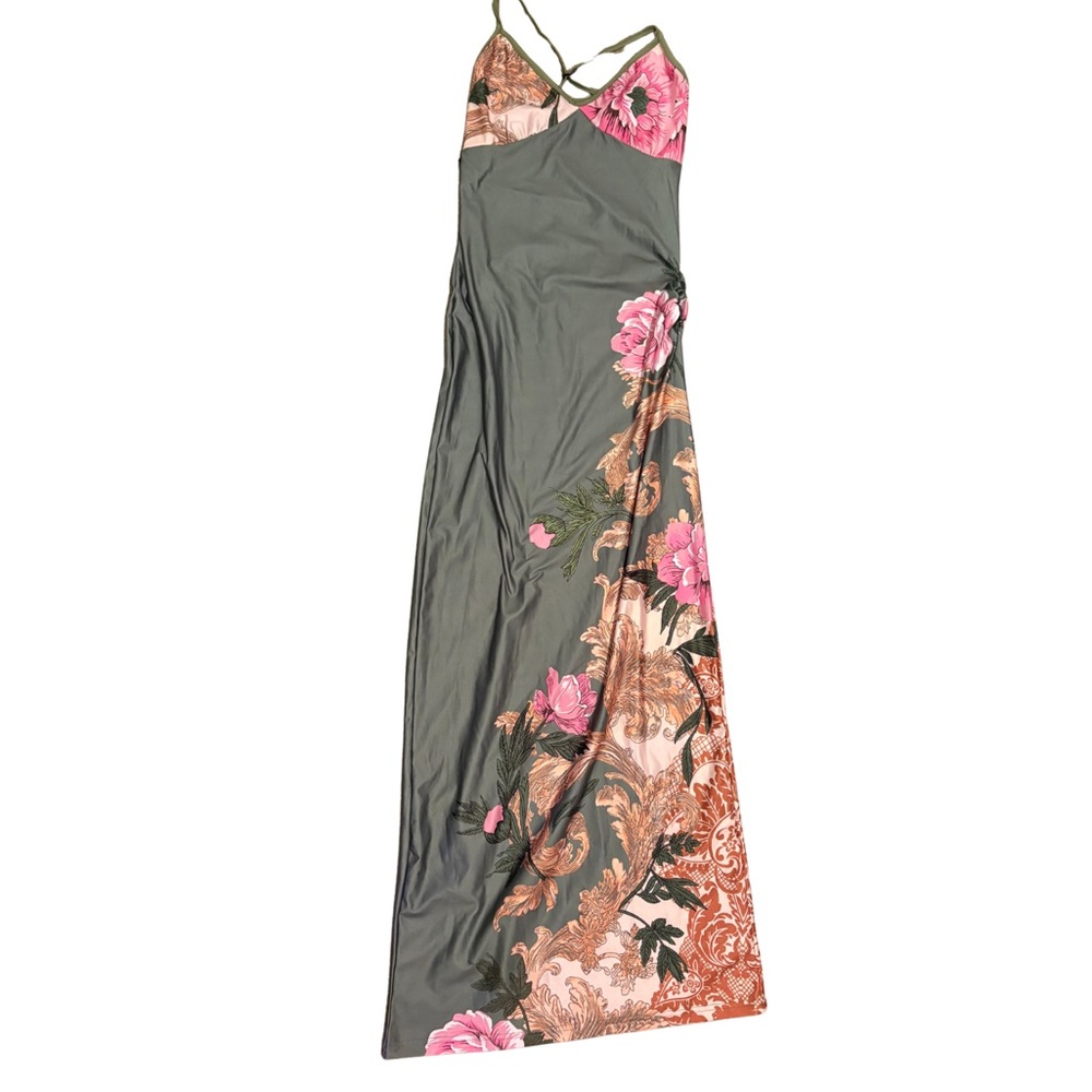 Amazon Women's Maxi Dress - Green and Pink Floral
